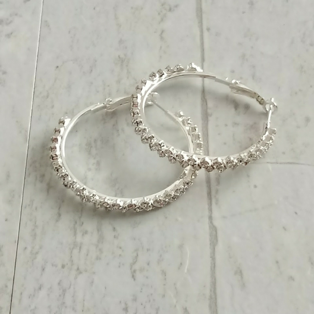 NEW CRYSTAL HOOP EARRINGS 1-1/2" DIAMETER - Picture 2 of 3